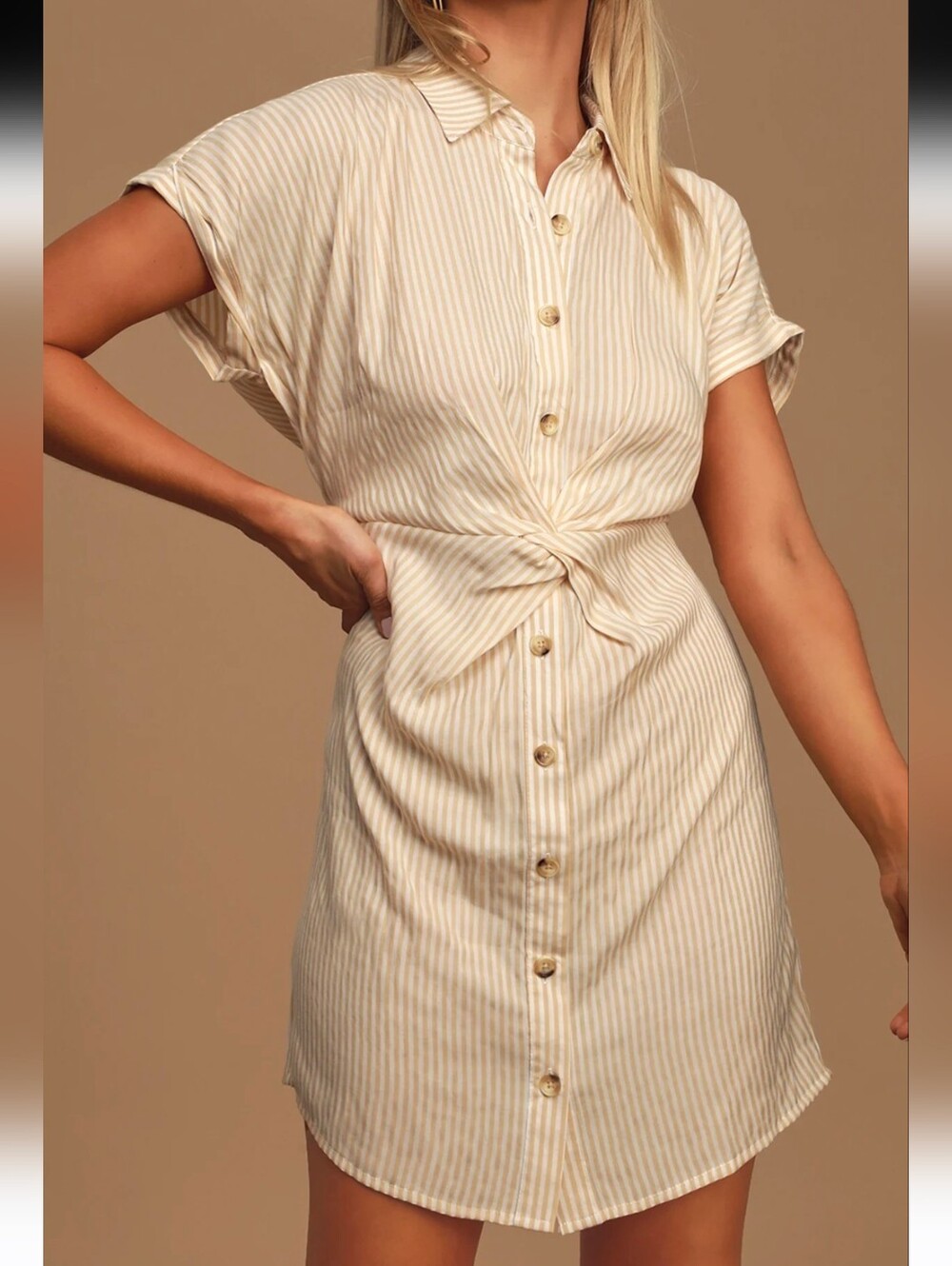 Lulus Casual Perfection Tan Striped Twist-Front Shirt Dress - Size Small